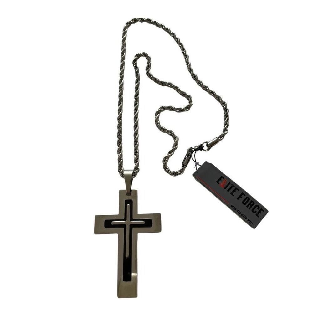 Elite force stainless steel men’s cross necklace silver black new